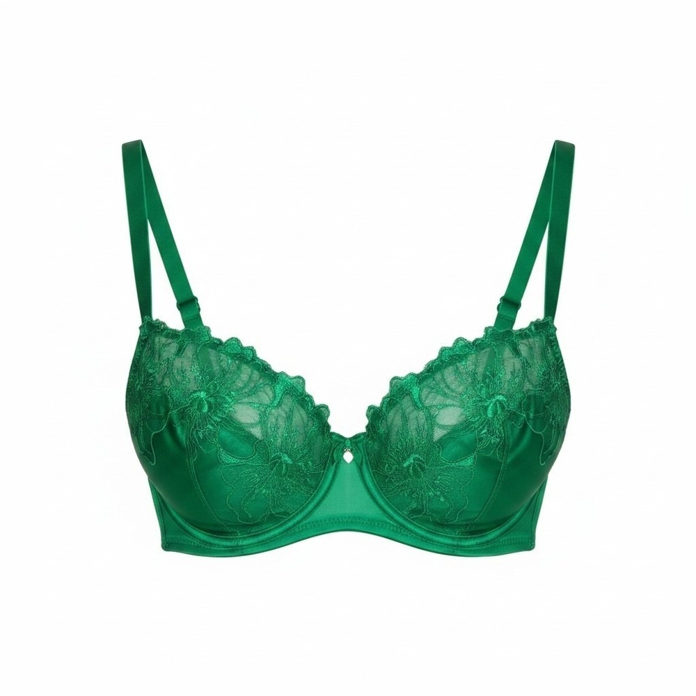 Etam Green Floral Embroidered Sheer Mesh Underwire Bra 32D Lingerie